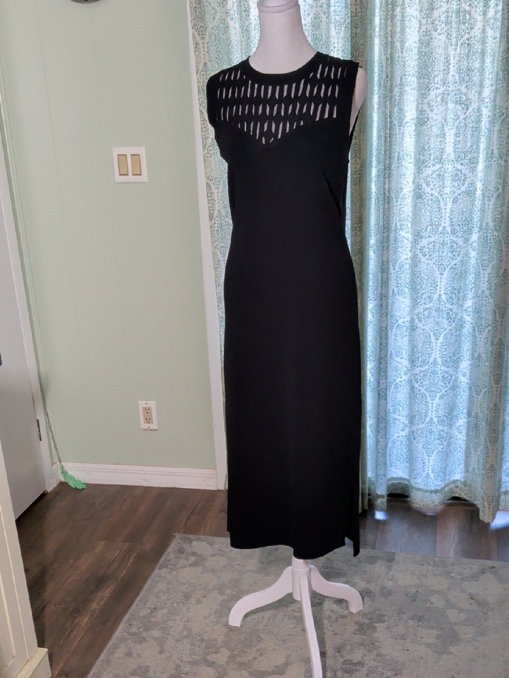 London Times Black Sleeveless Maxi Knit Dress with Perforated Mesh Yoke.